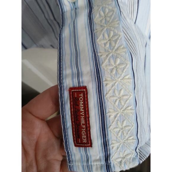 $Y2K Mens XXL Hilfiger Shirt Red Label Button up striped linen/cotton embroidery - Picture 6 of 9